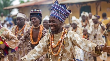 Fototapeta premium A man in traditional African clothing with a beaded crown smiles and dances during a celebration.