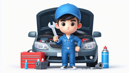 Obraz premium 3D Render of Cartoon-Style Mechanic Fixing Car Model