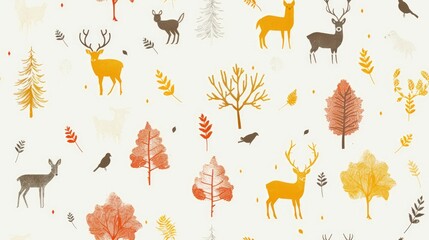 A seamless pattern featuring stylized deer, birds, trees, and leaves.