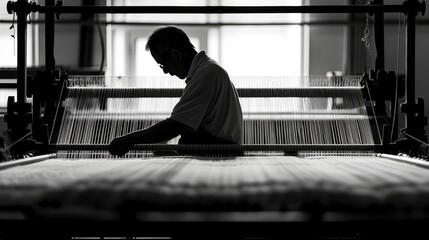 A man works on a loom in a factory, focusing intently on his task. The image is in black and white, capturing the sense of tradition and craftsmanship.