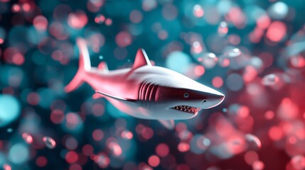 A futuristic shark with metallic scales, swimming in a neon ocean
