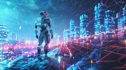 Futuristic cityscape with cyborg. A cyborg stands on a hill overlooking a futuristic cityscape, with glowing neon lights and connected lines.