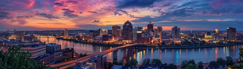 Obraz premium Stunning panoramic view of a city skyline at sunset, featuring colorful skies, reflective river, and illuminated buildings.