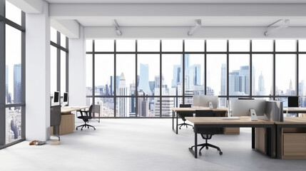 modern office interiors featuring open floor plans, large windows with city views, sleek desks, and ergonomic chairs. The spaces are bright, spacious, and designed to promote productivity and collabor