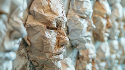 Abstract sculpture of faces. Close-up shot of an art installation featuring numerous abstract faces crafted from textured material, creating a captivating visual effect.