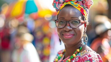 A woman attends a cultural festival, dressed in traditional attire. She immerses herself in the vibrant celebration, enjoying music, dance, and delicious food.