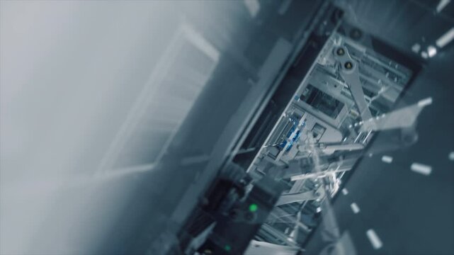 Autonomous Factory with Robotic Arms Assembling Components on a Production Line, Showcasing Advanced Automation and Engineering in a High Tech Manufacturing Environment. Dynamic Fly Through Footage
