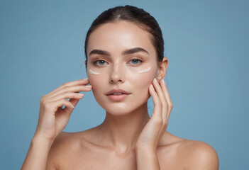  A skincare influencer demonstrating facial massage techniques with a calming blue background 
