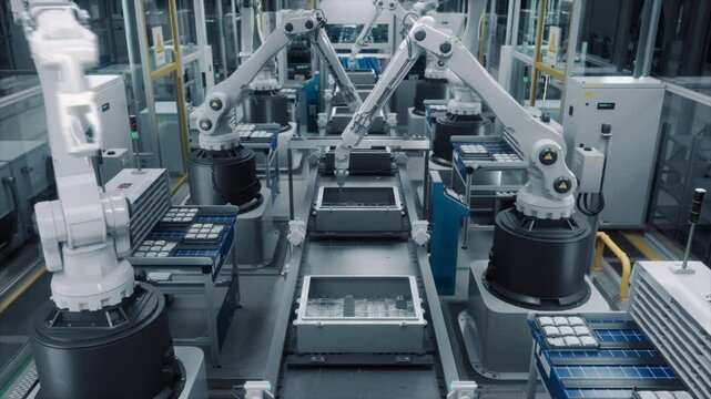 High Tech Factory with White Robotic Arms Assembling Electronic Components on a Production Line Conveyor Belt. Automation and Artificial Intelligence in a Modern Manufacturing Process. High Angle