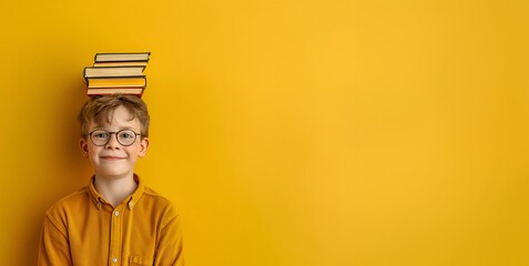 Boy with books balanced on his head against a yellow background, back to school
