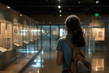 Girl exploring museum exhibits, school excursion