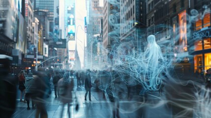 Ghostly figure in city crowd. A hazy, spectral figure floats above a busy city street, blending seamlessly with the rushing crowd.