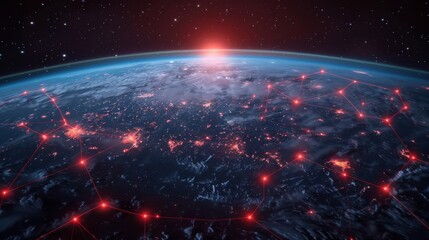 Earth viewed from space with red digital lines indicating network connections, symbolizing global data exchange and internet infrastructure