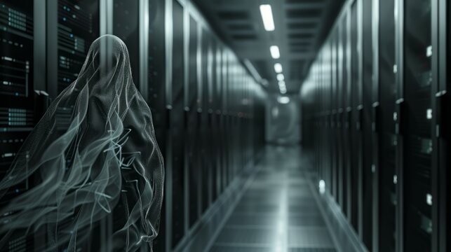 Ghostly figure in server room. A spectral being in a server room, a spooky image for a cybersecurity or data protection concept.