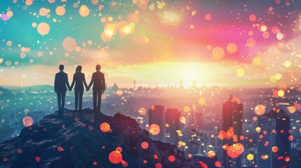 Obraz premium Three silhouettes on a hilltop at sunrise. A view of three silhouettes standing on a hilltop as the sun rises over a city skyline. The sky is filled with colorful lights.