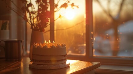Birthday cake in golden light. A layered birthday cake with lit candles sits on a table, bathed in the warm glow of the setting sun.