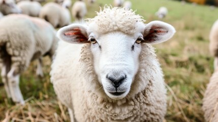 Fototapeta premium Close up sheep in field. Sheep standing in a field with green grass and dry foliage. The sheep is looking directly at the camera with an inquisitive expression.