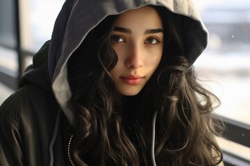 A woman with long hair is wearing a hooded sweatshirt and looking at the camera