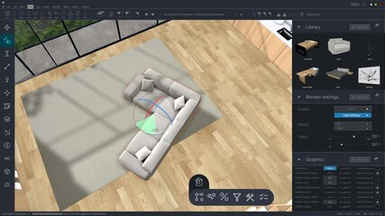 Interior Designer Using Advanced 3D Modeling Software on a Computer to Create a Modern Living Room and Bedroom Space Layout. Specialist Creating a Stylish Environment with Creativity and Precision