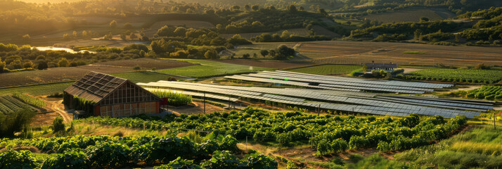 sustainable, eco-friendly farm, showcasing renewable energy sources .