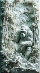 Beautiful gorilla 3d relief wallpaper. Mural wallpaper. Wall art. AI generated illustration