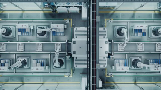 Top Down Footage of a High Tech Factory with Robotic Arms Assembling Electronic Components on a Production Line Conveyor Belt. Automation and Artificial Intelligence in a Modern Manufacturing Process