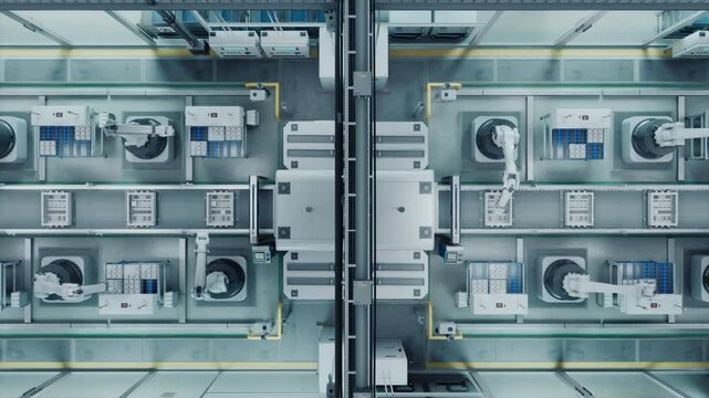 Top Down View with Autonomous Factory with Robotic Arms Assembling Components on a Production Line, Showcasing Advanced Automation and Engineering in a Industrial Environment. Fast Forward Footage