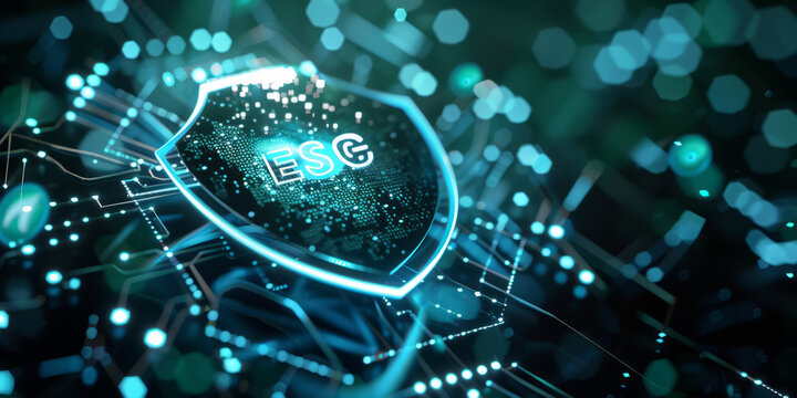 A shield with ESG elements protecting a company from external threats, highlighting risk mitigation.