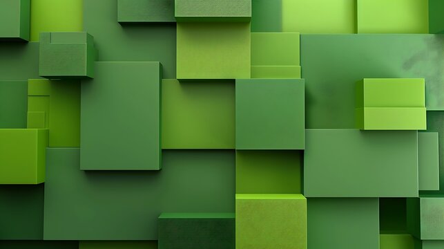 Stylish abstract wall design featuring overlapping rectangular blocks in various shades of green, creating a fresh and vibrant background
