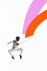 Poster. Contemporary art collage. Fencer with epee jumping in motion against white background with...