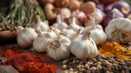 Garlic bulbs and spices on rustic table
