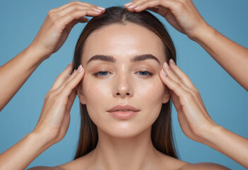 Fototapeta premium Skincare influencer demonstrating facial massage techniques with calming blue background. 