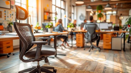 Co-working office with big windows, an ergonomic chair in the foreground and working force in the background. Copy space for text. Natural lit