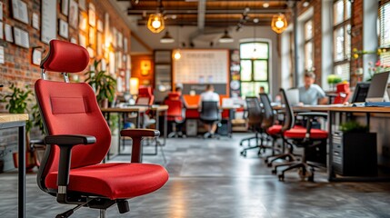 Well lit co-working office with several working desks and ergonomic chairs. Men at work in the background. Copy space for text