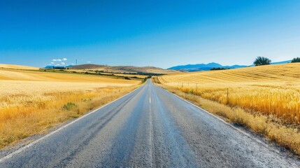 Naklejka premium Wide road cutting through golden wheat fields under a clear blue sky