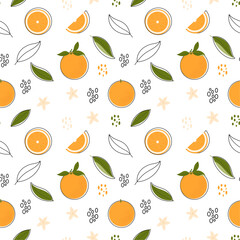 Seamless pattern with oranges, leaves and flowers on a white background. Vector tropical fruit pattern with texture, dots and outline. Oranges blossom. Trendy design for paper, textile, fabric.