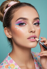 A social media user sharing everyday makeup tips with a colorful pastel background 