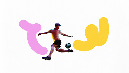 Poster. Contemporary art collage. Football athlete playing football against white background with colorful lines repeat his moves. Concept of sport, competition, active lifestyle. Minimal design.