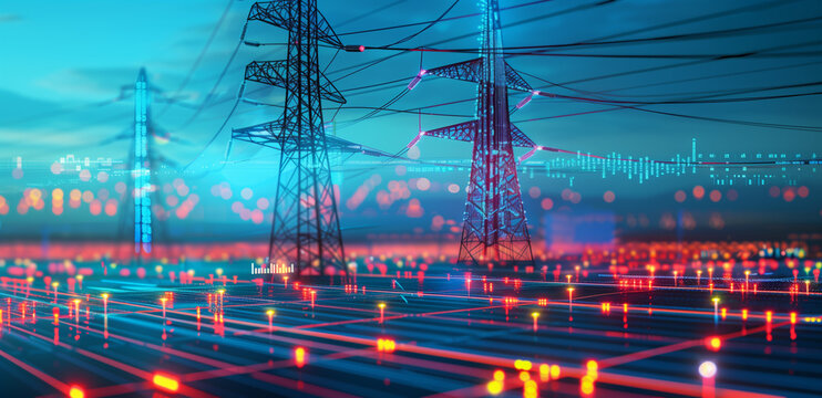 High voltage power lines over network of illuminated lines and data points in futuristic landscape. Renewable energy, smart grid, power distribution, energy efficiency, electric grid management.