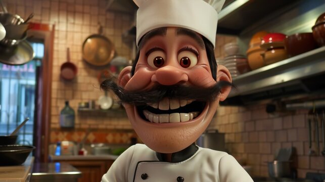 A jolly cartoon chef with a big smile and coal-black whiskers 