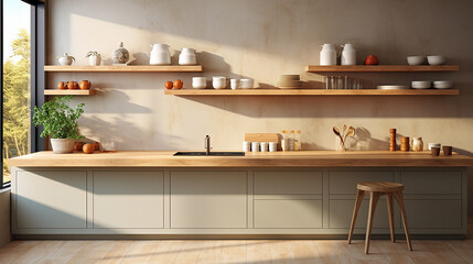 A collection of modern kitchen interiors featuring open shelving, minimalist design, and natural wood accents. The kitchens are decorated with plants, pottery, and contemporary lighting, creating warm