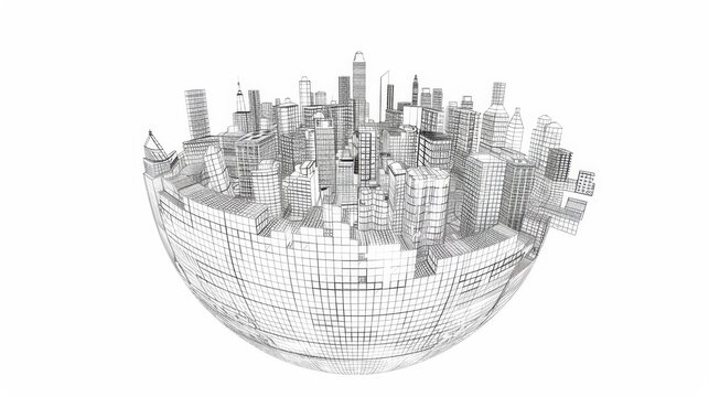 recommend clip art: Abstract 3D city sphere. Vector object rendering. Wire-frame outline style. Visible and hidden lines grouped in layers. 