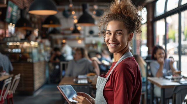 The smiling waitress using tablet
