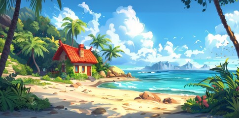 A Small House on a Tropical Island Beach With Palm Trees and Blue Skies