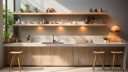 A collection of modern kitchen interiors featuring open shelving, minimalist design, and natural wood accents. The kitchens are decorated with plants, pottery, and contemporary lighting, creating warm