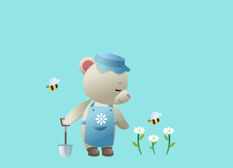 Illustration of a Bear Gardener with Bees and Flowers on a blue Background - Cute Nature Scene for Kids. A White bear in a blue apron