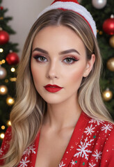  A beauty blogger creating a festive holiday makeup look with a festive background 