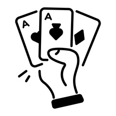 Poker cards in hand, line style icon