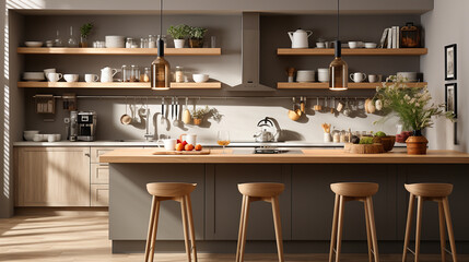 A collection of modern kitchen interiors featuring open shelving, minimalist design, and natural wood accents. The kitchens are decorated with plants, pottery, and contemporary lighting, creating warm