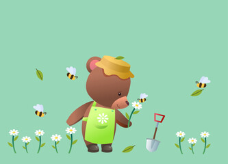 Illustration of a Bear Gardener with Bees and Flowers on a Green Background - Cute Nature Scene for Kids. A brown bear in a green apron